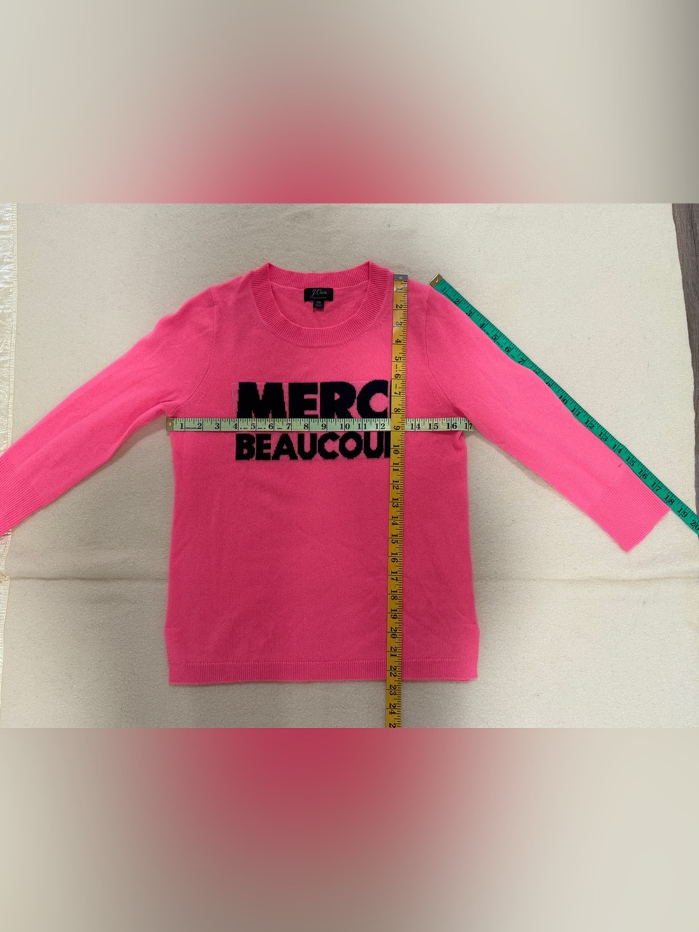NWOT J.Crew 100% Cashmere Merci Beaucoup Sweater XS Coral Graphic Pullover - Picture 7 of 7